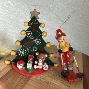 Vintage Wood Christmas Tree Presents Skier Ornaments Lot‎ Of 2 Germany Handmade